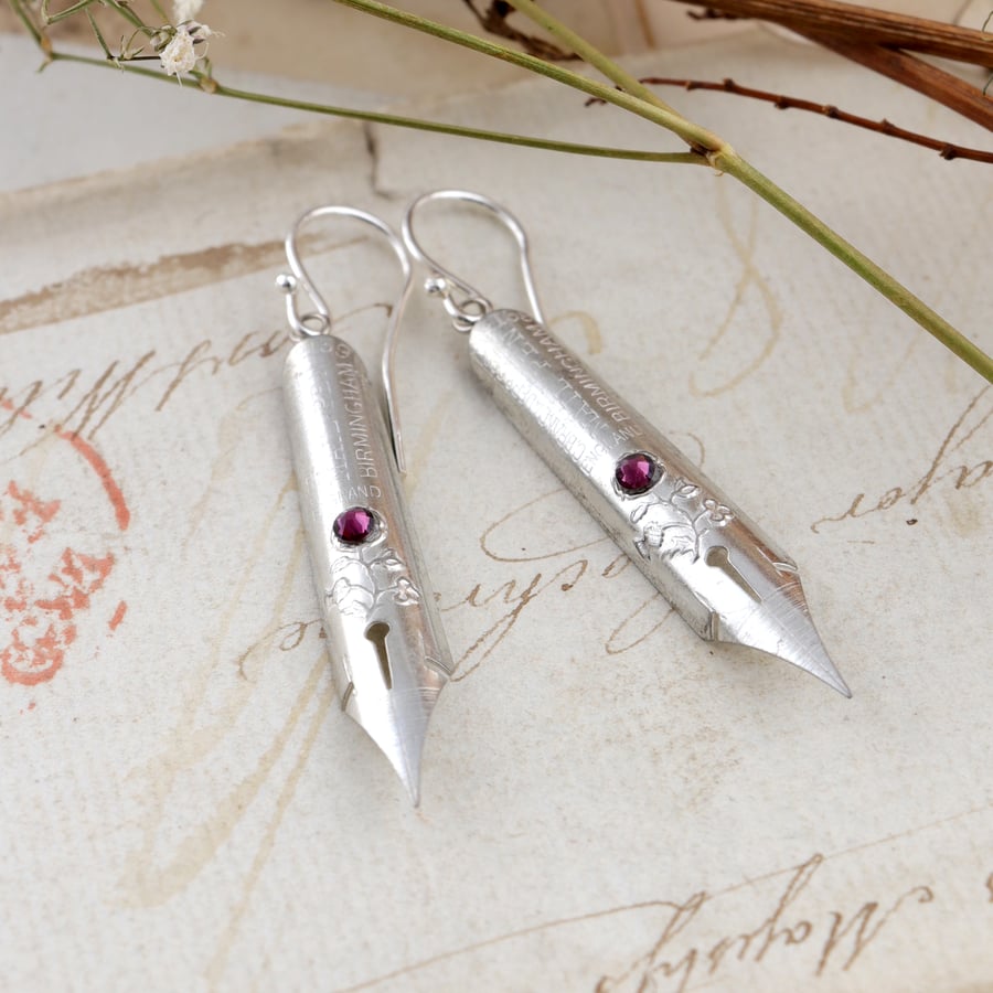 Pen Nib Earrings Silver Boho Earrings with Thistle Relief Gift for Writer