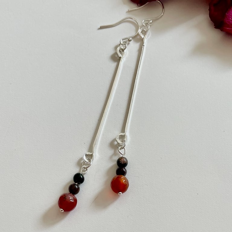 Long dangly silver and gemstone earrings 