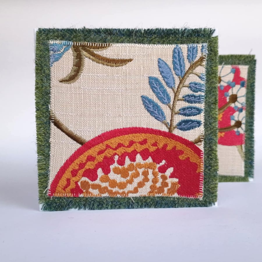 Greetings card - Arts and Crafts style upycled fabric red, orange, blue