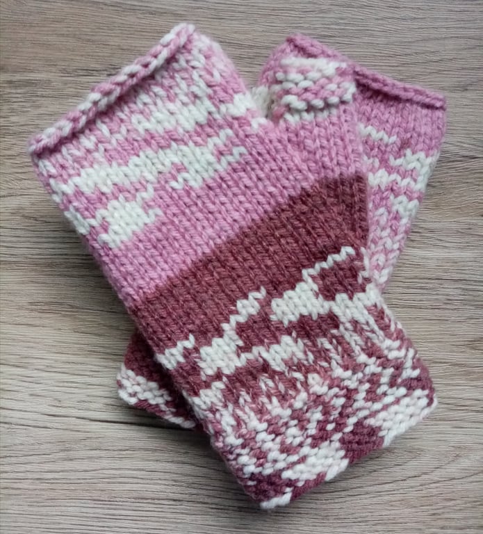 Merino Fair Isle Style Fingerless Gloves  
