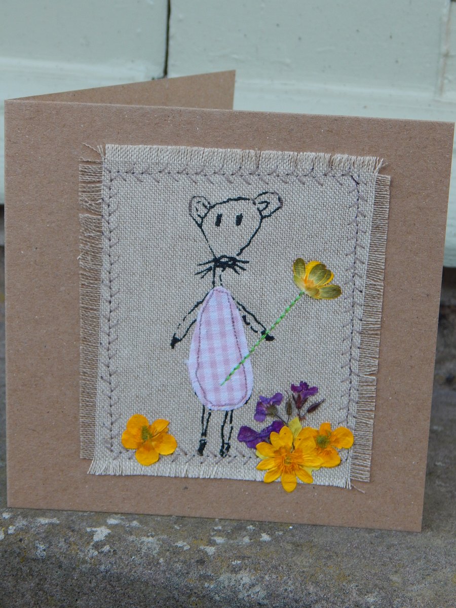 Muriel Mouse - Screen printed and pressed flowers