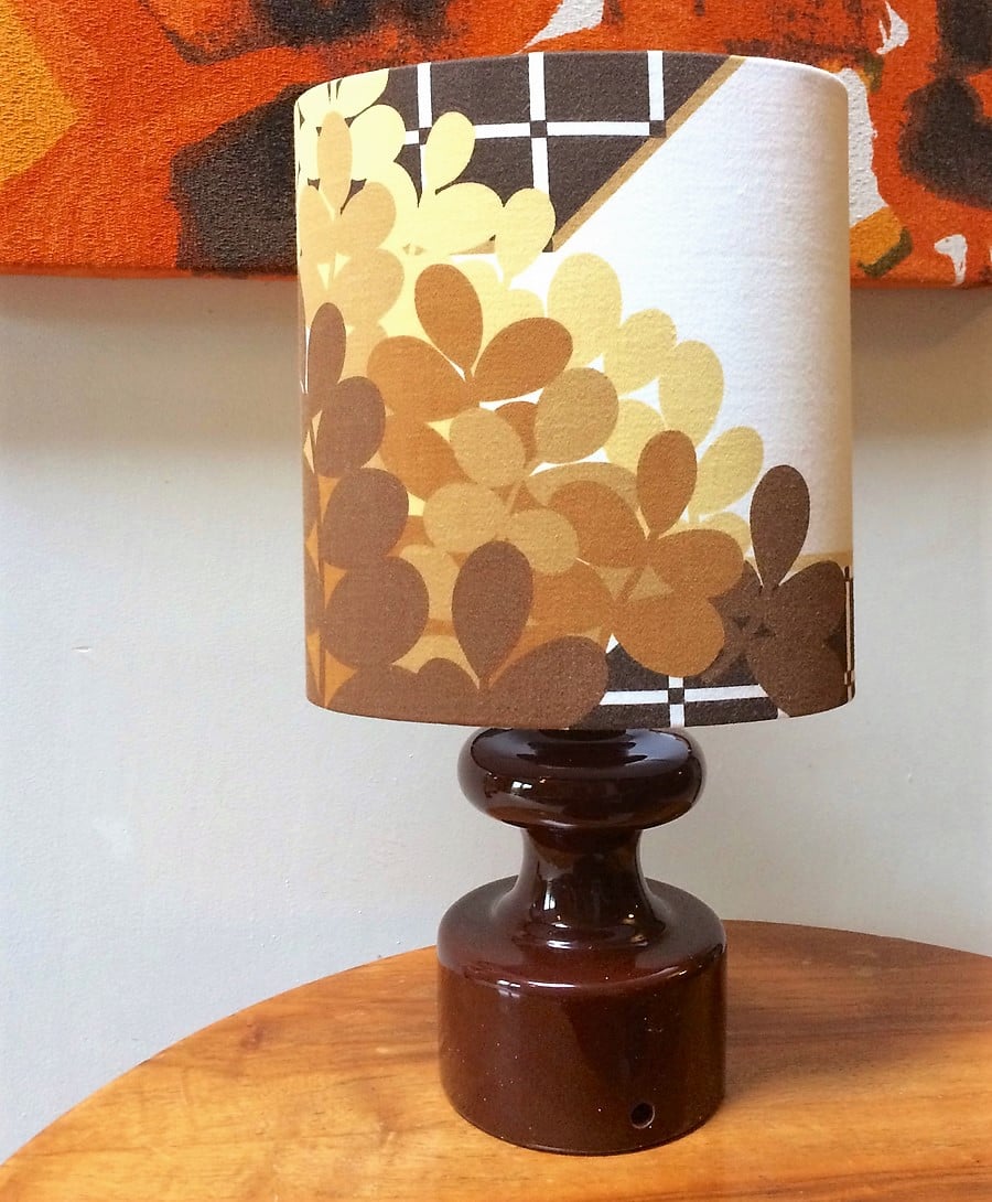 MoonGlow Op Art MOD Mustard Brown 60s 70s Bevis Vintage fabric Lampshade