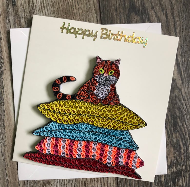 Cat on pillow stunning quilled birthday card