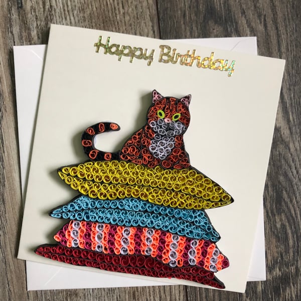 Cat on pillow stunning quilled birthday card