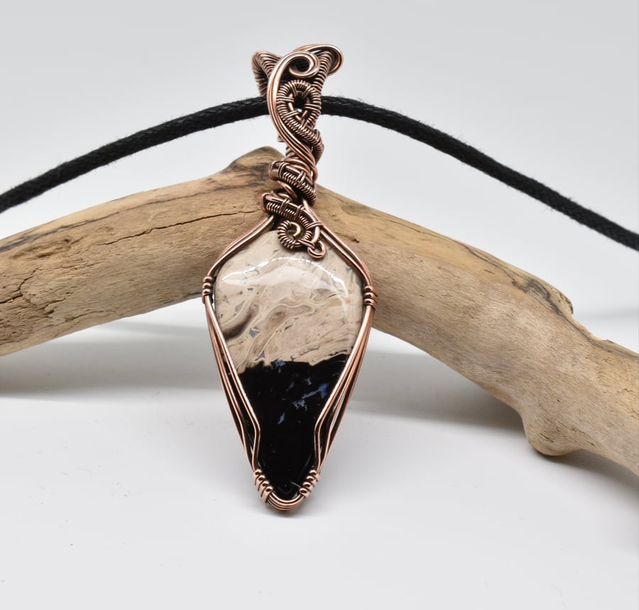 Petrified Palm Wood and Copper Wire Wrapped Gothic Pendant 