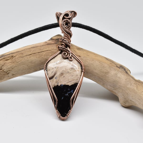 Petrified Palm Wood and Copper Wire Wrapped Gothic Pendant 