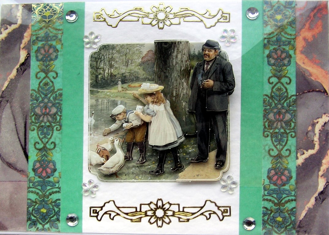 Vintage Style Family Outing - Hand Crafted 3D Decoupage Card - Blank 2815