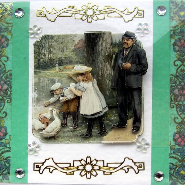 Vintage Style Family Outing - Hand Crafted 3D Decoupage Card - Blank 2815