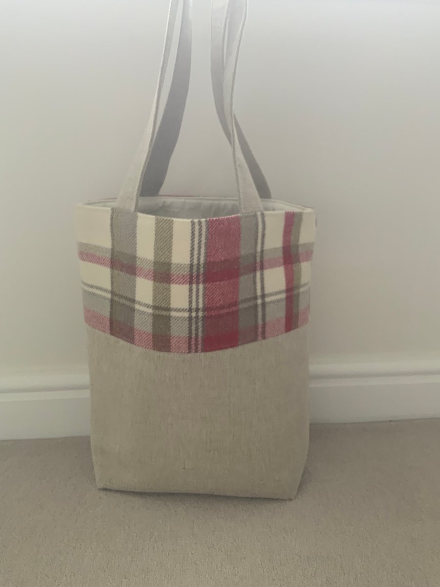 Tartan Tote Bag, Linen Fabric Tote Bag, Handbag, Day Bag