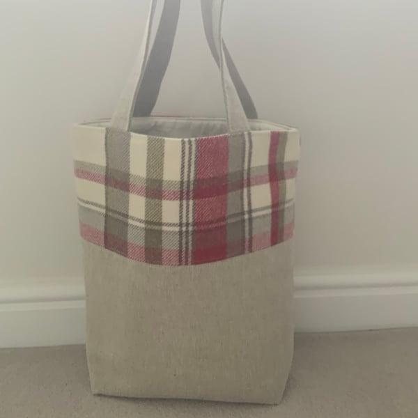 Tartan Tote Bag, Linen Fabric Tote Bag, Handbag, Day Bag