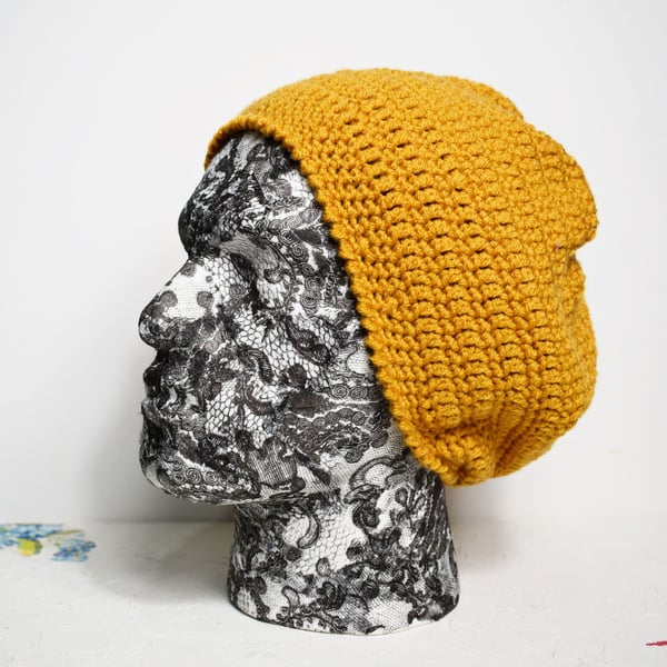 Unisex Slouch Beanie in Deep Mustard Acrylic Yarn