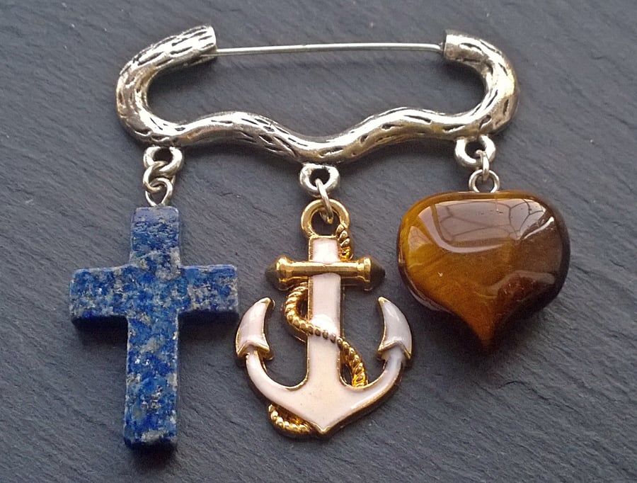 Faith, Hope and Charity Brooch Bag Dangle. Lapis Lazuli, Tiger's Eye
