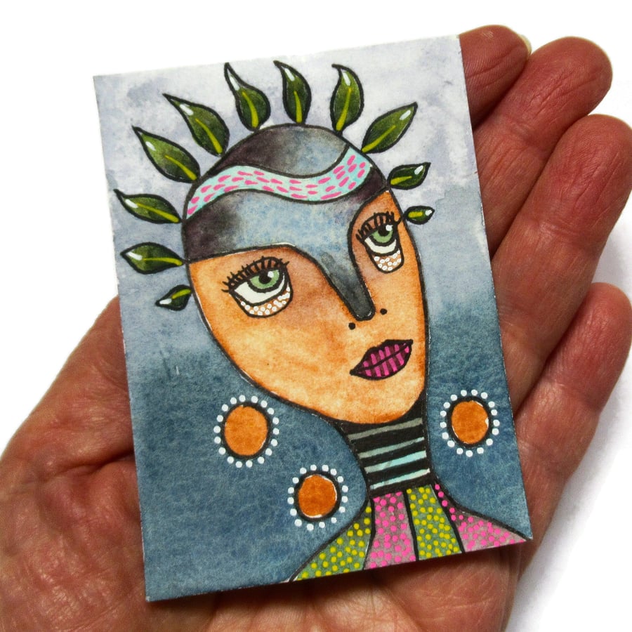 Miniature Abstract ACEO Portrait Painting Outsider Folk Art Face Mini Artwork 