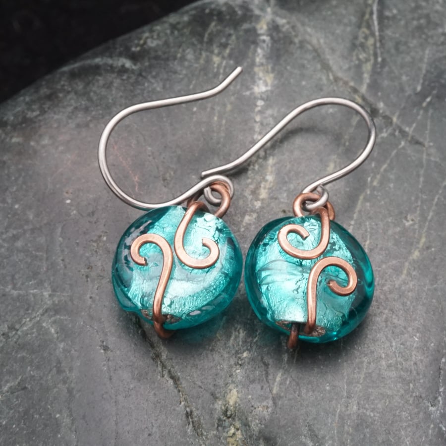 Hammered Copper Swirl Earrings with Blue Turquoise Beads