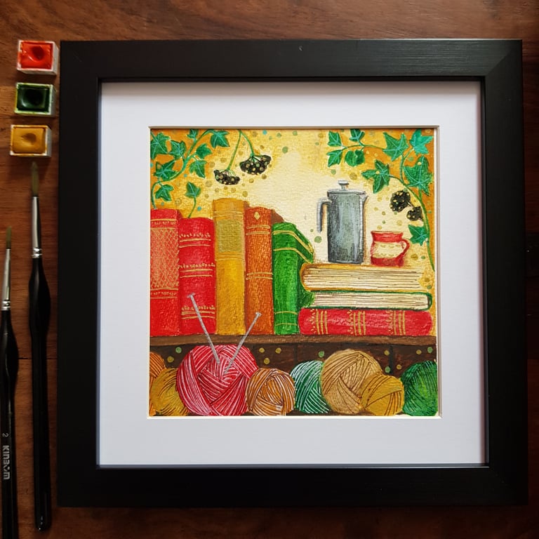 Bookshelf with yarn, coffee and ivy original artwork