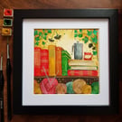 Bookshelf with yarn, coffee and ivy original artwork