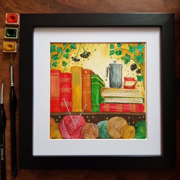 Bookshelf with yarn, coffee and ivy original artwork