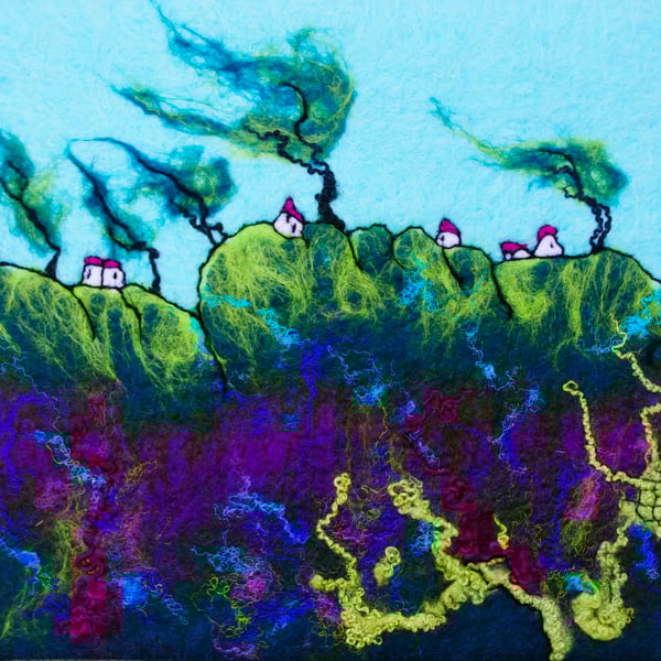 Textile Picture Turquoise Sky, Windy Day. Original Art by Lorna Soar