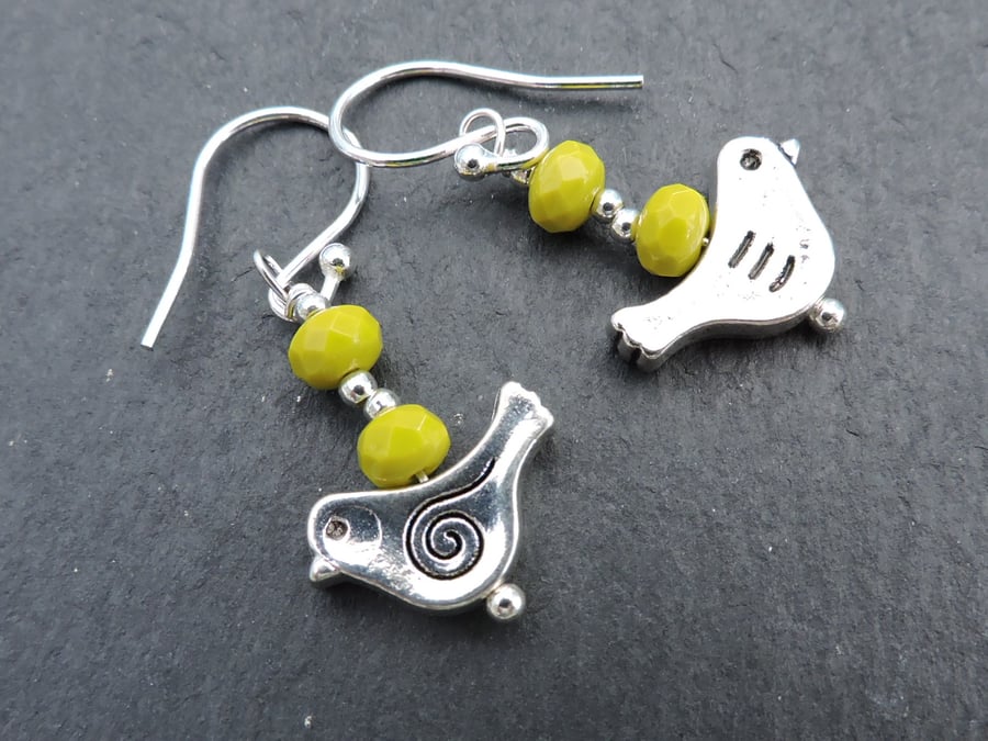 Drop Earrings Little Bird with Lime Faceted Rondelle Beads  Silver Wires
