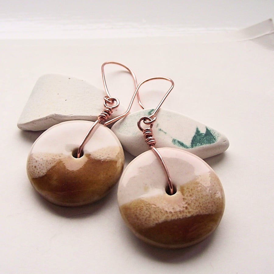 Earrings cream and brown ceramic circle and copper drop neutral tones