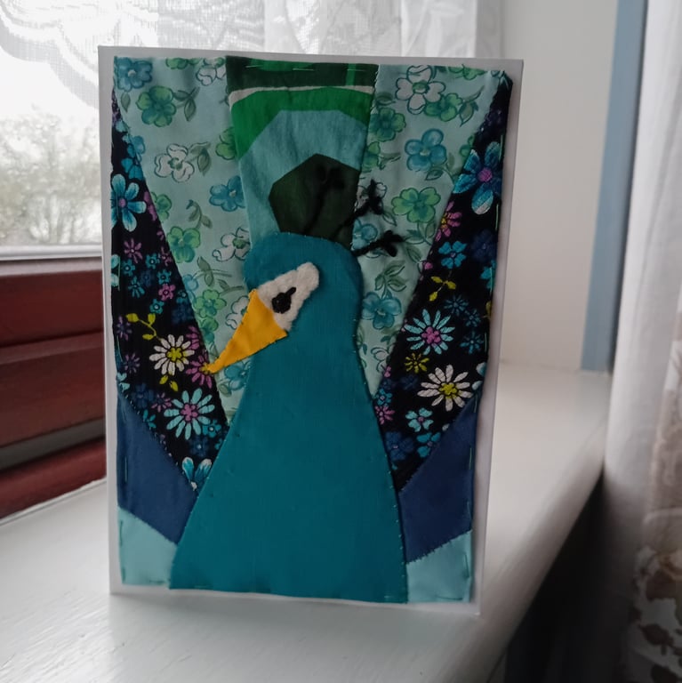 Handsewn patchwork peacock on a blank greetings card for any occasion 