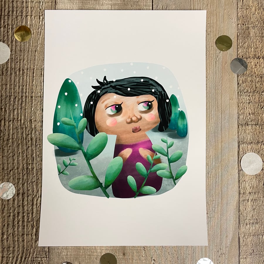 A5 Art Print Girl in The Winter Woods