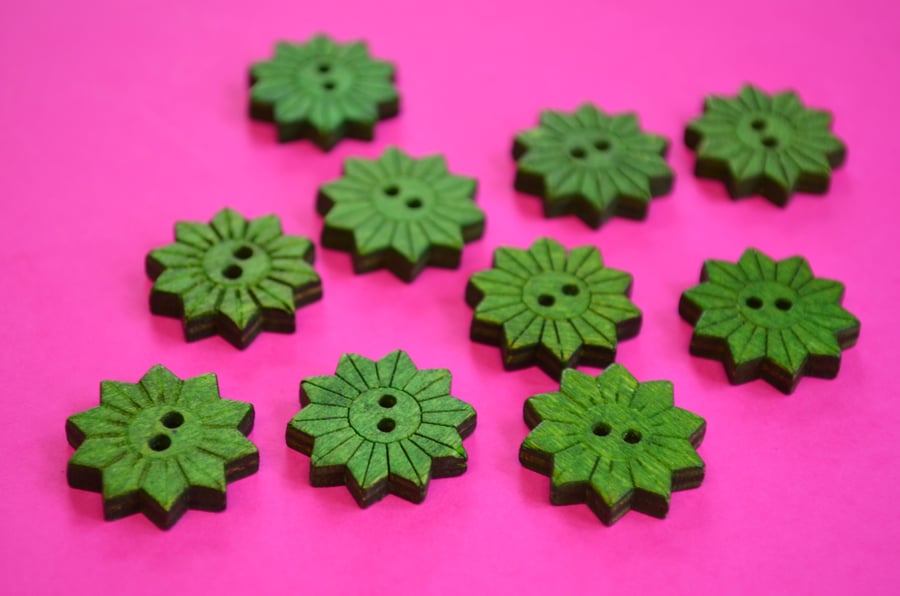 Colourful Wooden Star Flower Buttons Floral Green 10pk Flowers 20x20mm (STF3)