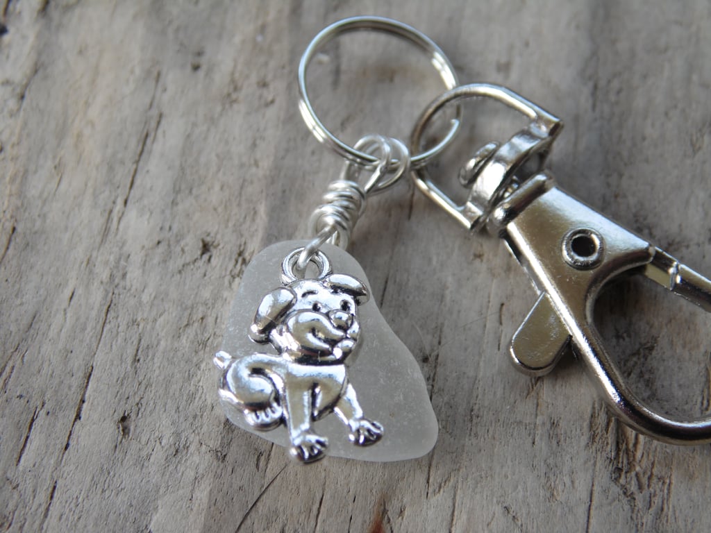 White Cornish Sea Glass with Dog Charm Keyring Bag Charm K719