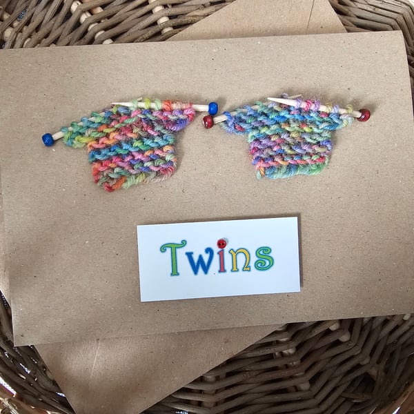 Twins Card with Small Colourful Knitted Jumpers 6" x 4" New Babies