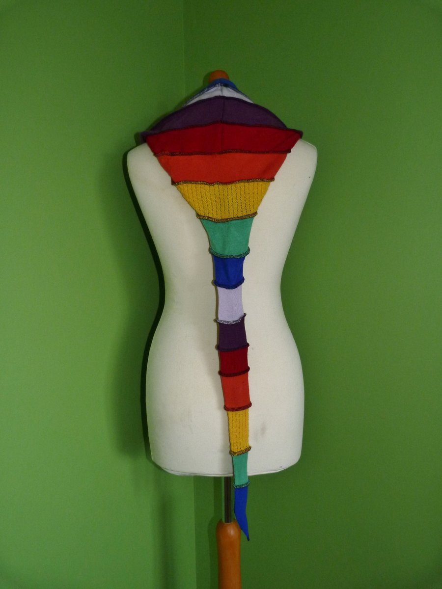 Long Hood with Neck Ties. Upcycled. Rainbow with Blue. Faerie Festival Wear.