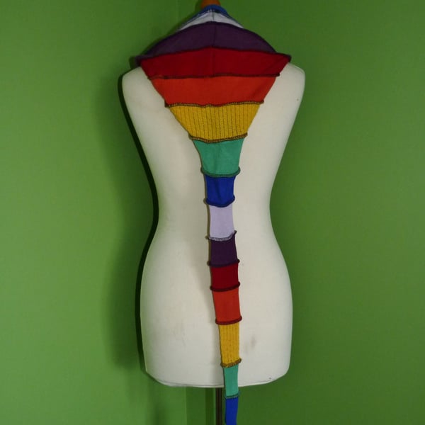 Long Hood with Neck Ties. Upcycled. Rainbow with Blue. Faerie Festival Wear.