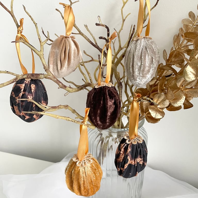 Velvet Hanging Easter Eggs Set of 6 Brown Gold and Leopard Print Satin Ribbon 