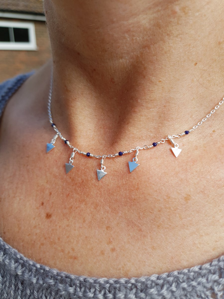 Lapis Silver Choker with Sterling Silver Triangle Beads, Beaded Gemstone Choker