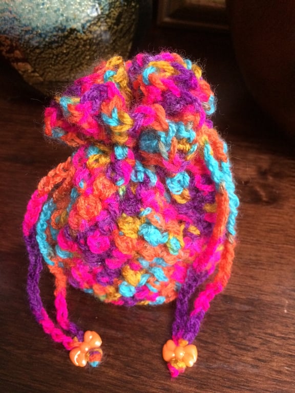 Hand Crocheted Luxury Bold Multi Colour Drawstring Bag Handbag Coin Money Purse