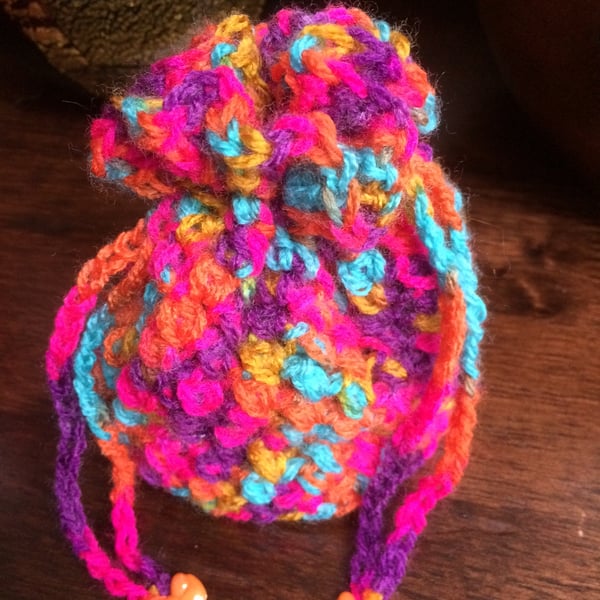 Hand Crocheted Luxury Bold Multi Colour Drawstring Bag Handbag Coin Money Purse