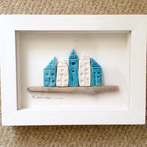 Ceramic little houses framed picture - "Higgledy Piggledy Houses"