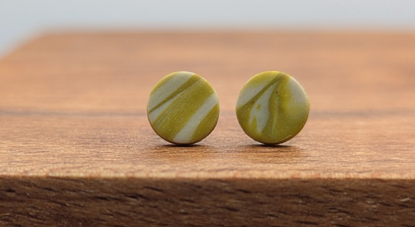 Small swirly olive green stud earrings 