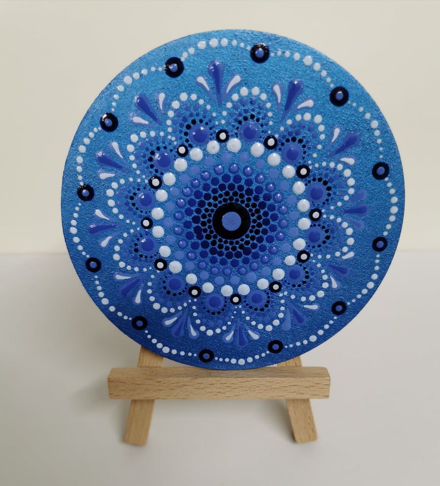 Hand painted 'shades of blue' mandala coaster