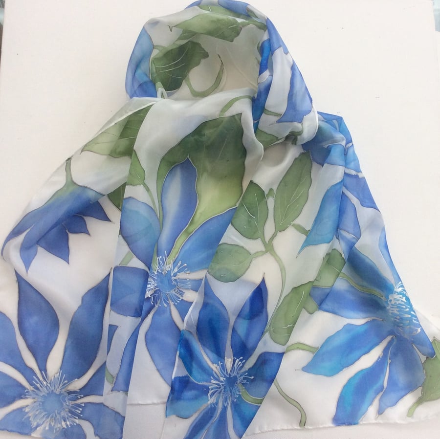 Blue Clematis hand painted  Silk Scarf