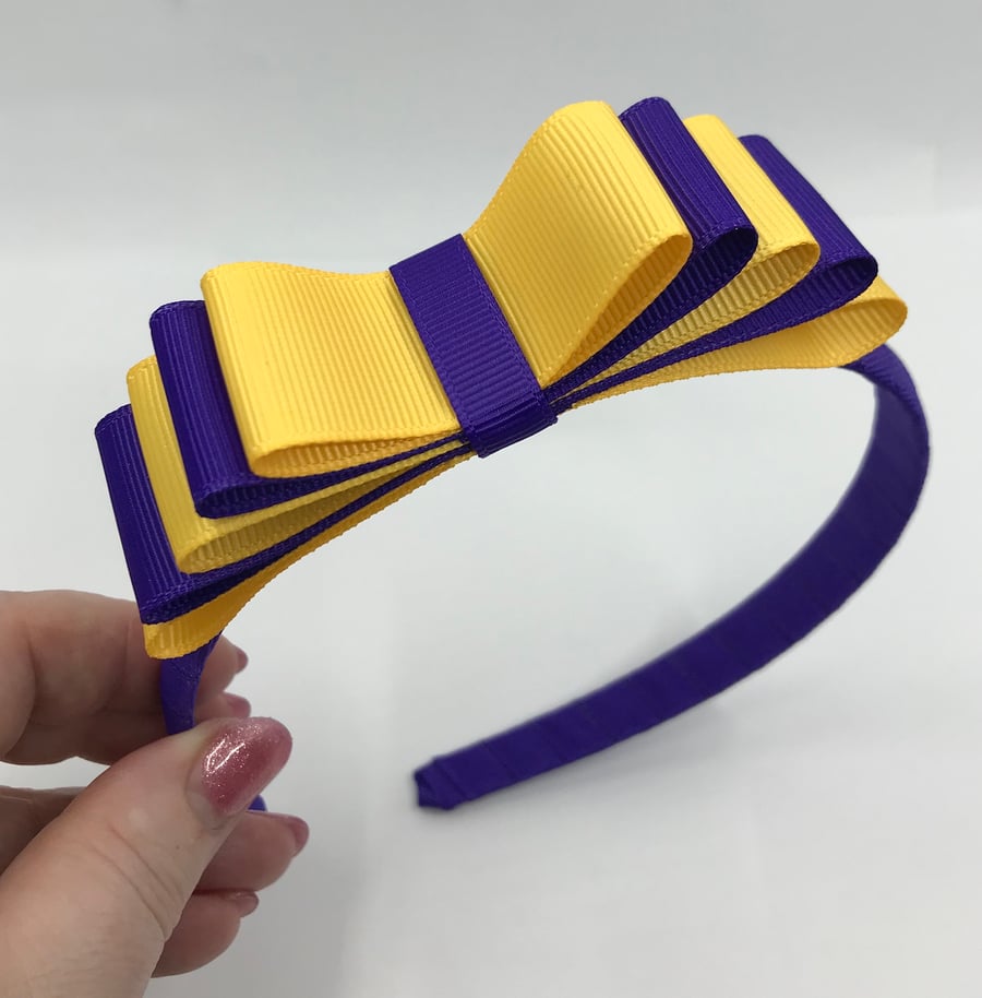 Purple Hairband with 5 Layer Purple and Yellow Gold Two-tone Straight Bow