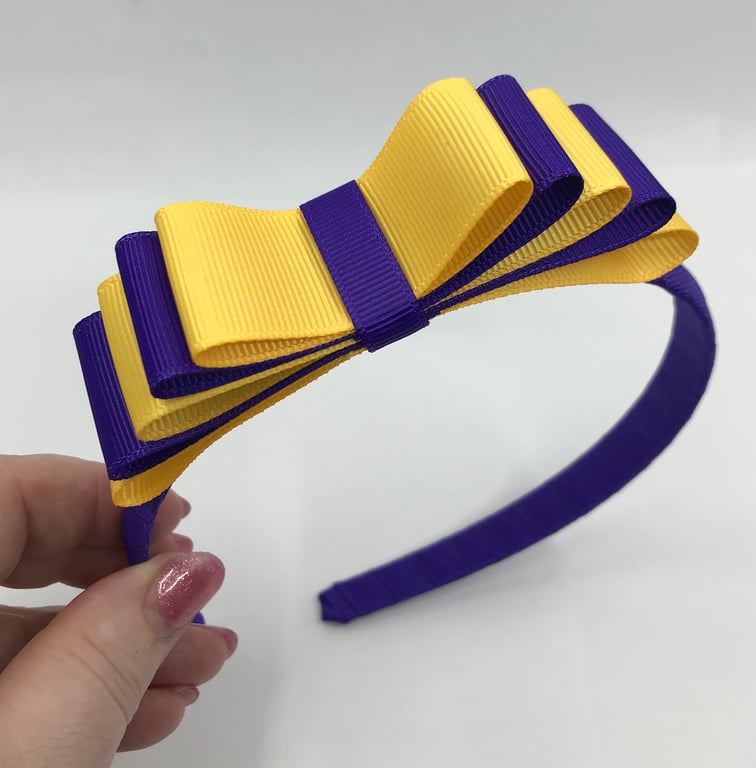 Purple Hairband with 5 Layer Purple and Yellow Gold Two-tone Straight Bow