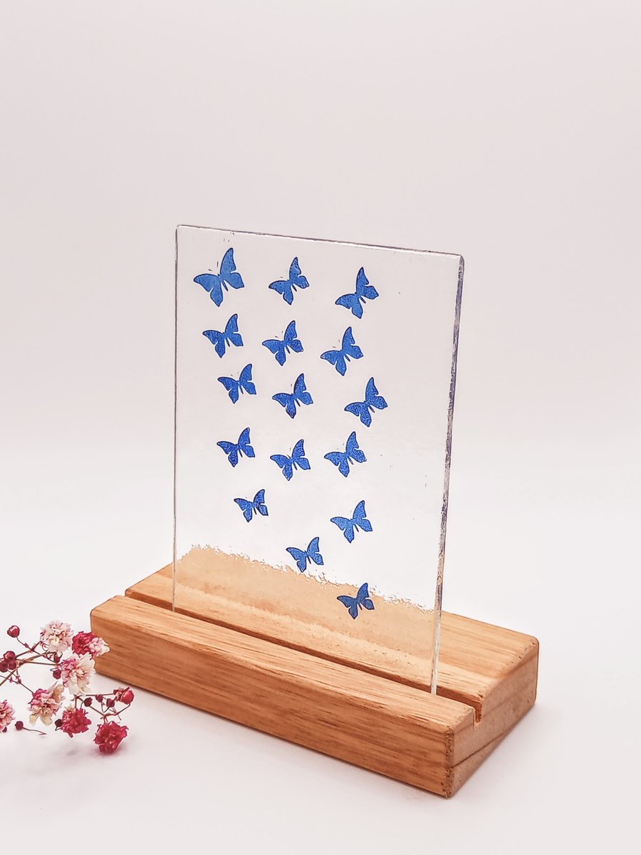 Blue Butterflies, fused glass design in a wooden stand, handcrafted