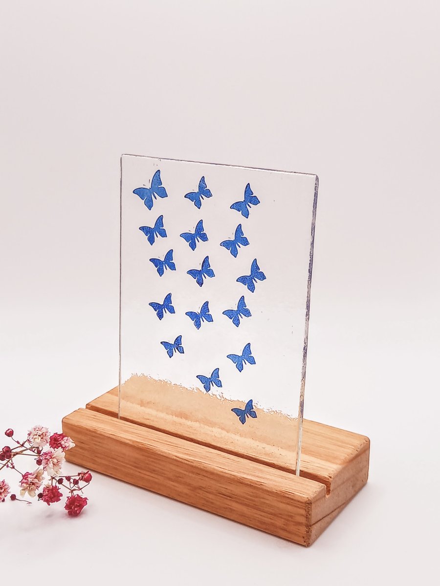 Blue Butterflies, fused glass design in a wooden stand, handcrafted