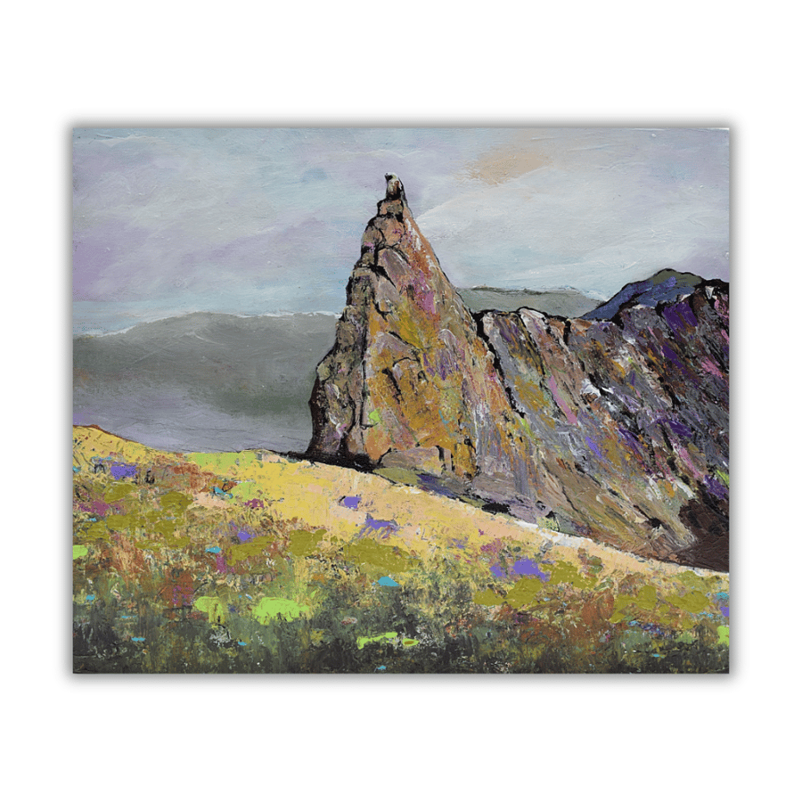 A framed painting of a Scottish Mountain Range - The Inaccessible Pinnacle.