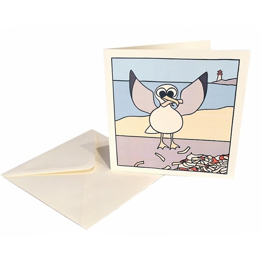 Happy Birdy Birthday Card - cartoon seagull with chips. CQ-SG