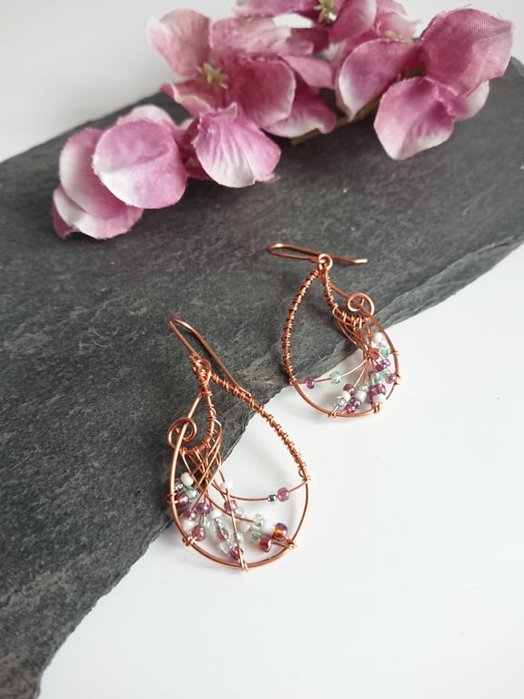 Copper Teardrop Wire Weave Wrap Earrings
