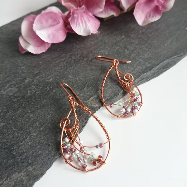 Copper Teardrop Weave Wrap Earrings