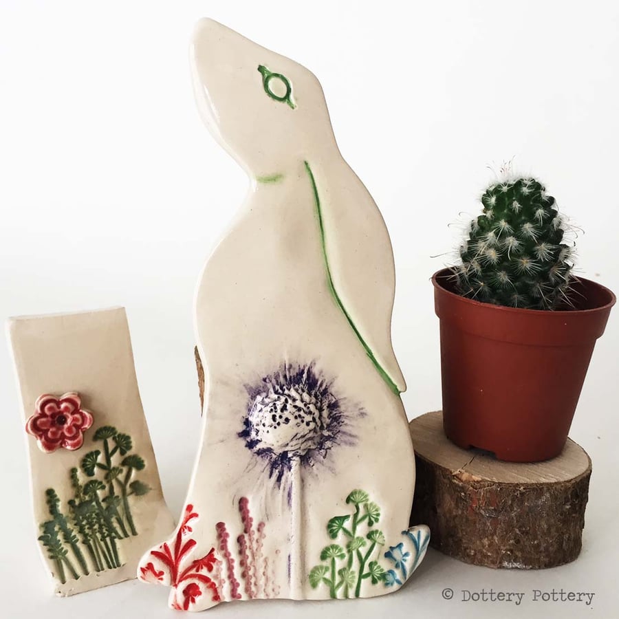 Ceramic Moon Gazing Hare Pottery Hare decoration bright flowers rabbit