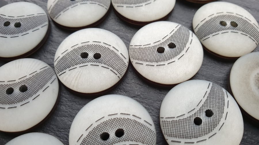 23mm Light Grey Polyester Buttons with black laser etched design x 6