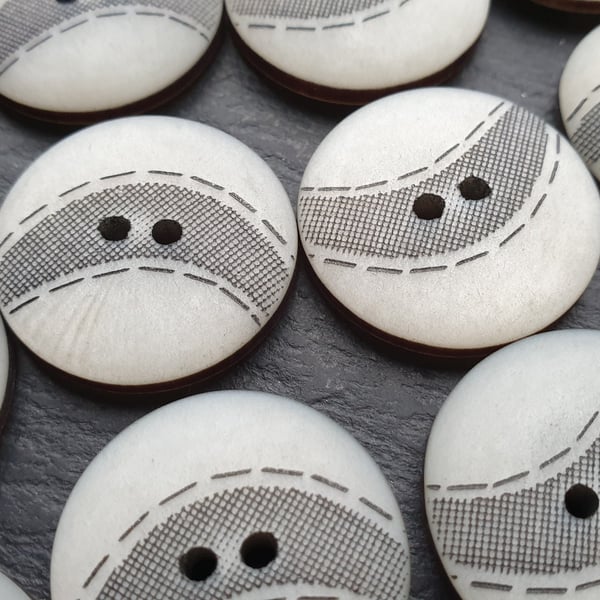 23mm Light Grey Polyester Buttons with black laser etched design x 6